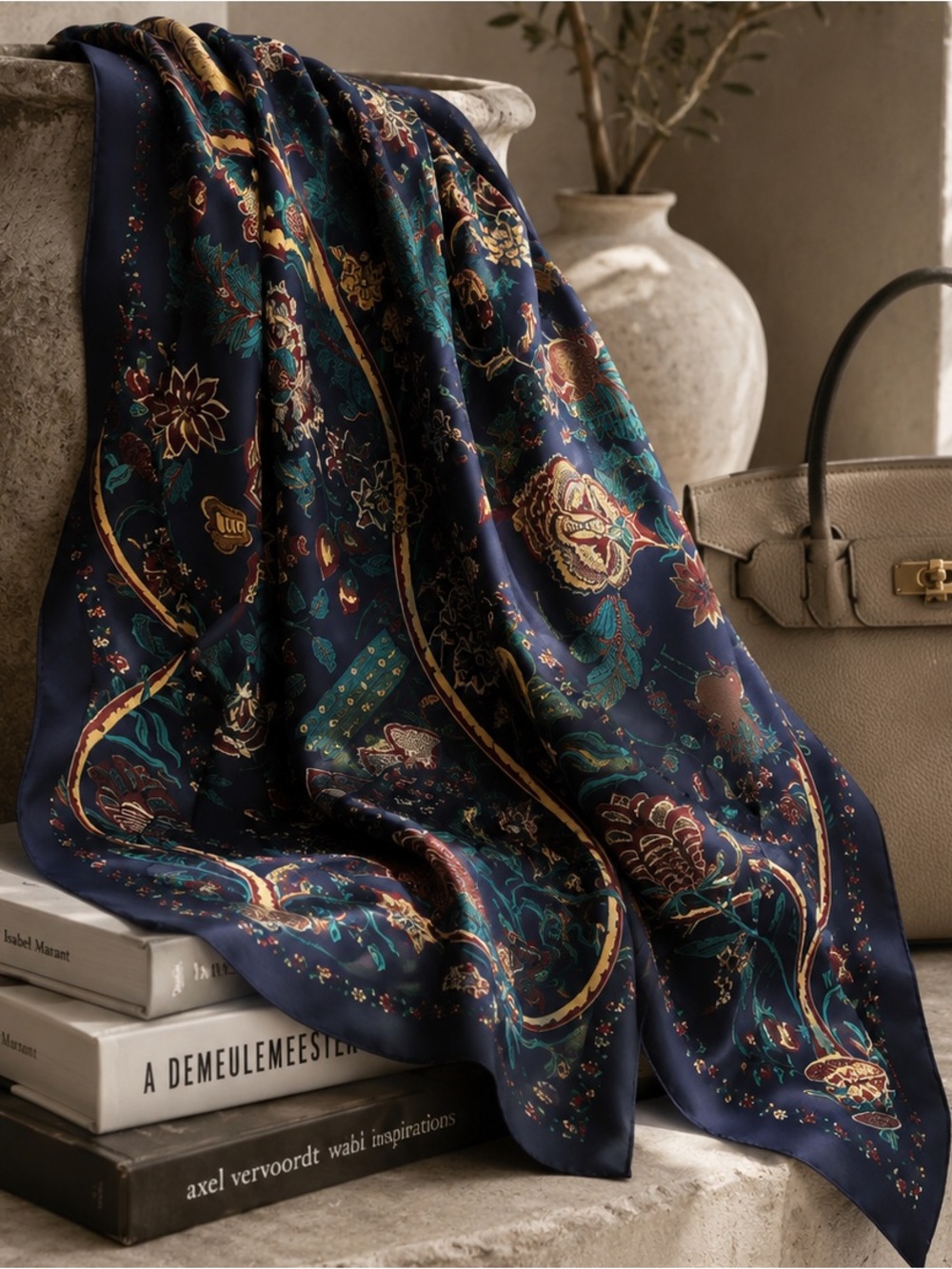 Floral Paisley Poly Silk Scarf - Navy, Teal & Gold NEW